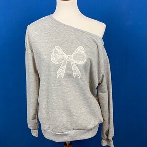 Elegant Gray Off-Shoulder Sweater with Bow Accent